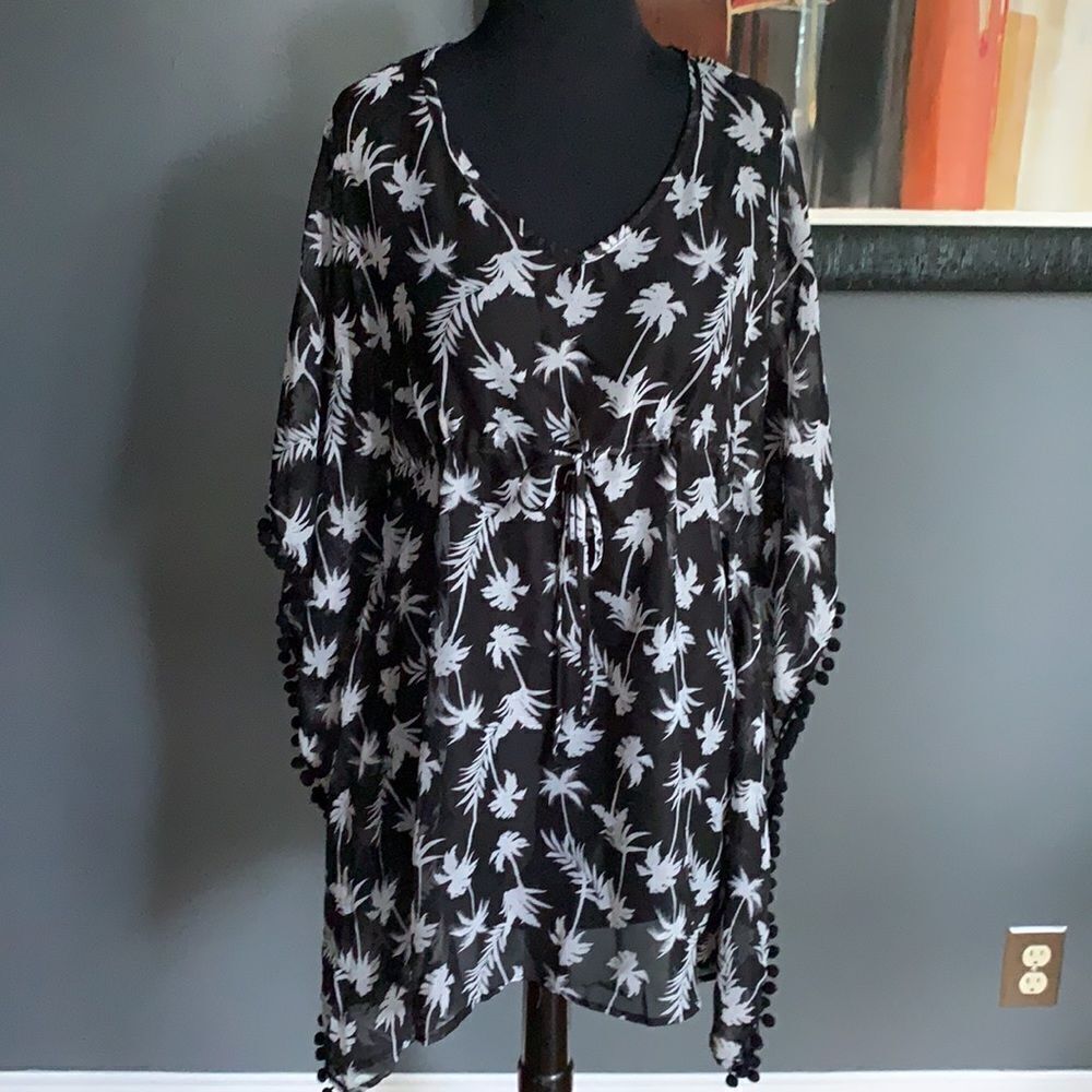 Miken Swim black/white sheer pom pom swim coverup
